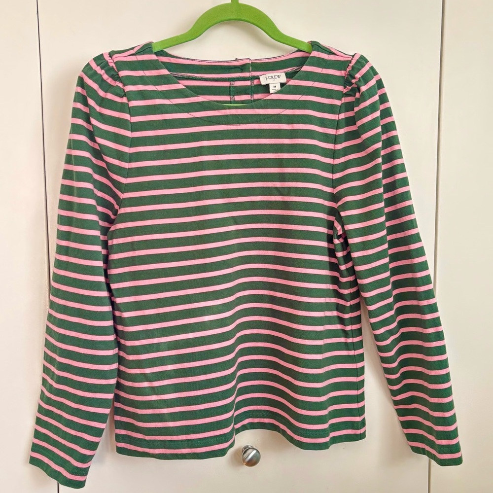 J. Crew Pink and Green Striped Boat Neck Cotton Long Sleeve Shirt - Size M